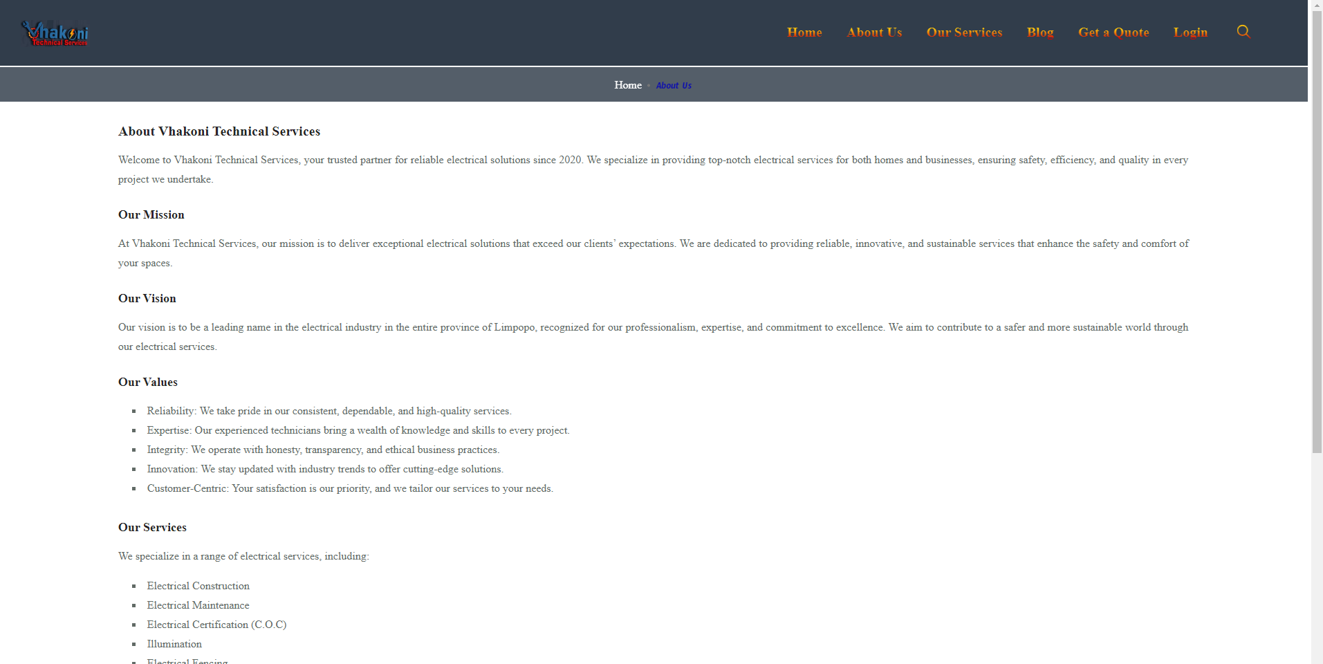 Website Design Portfolio: vhakoni techical services 